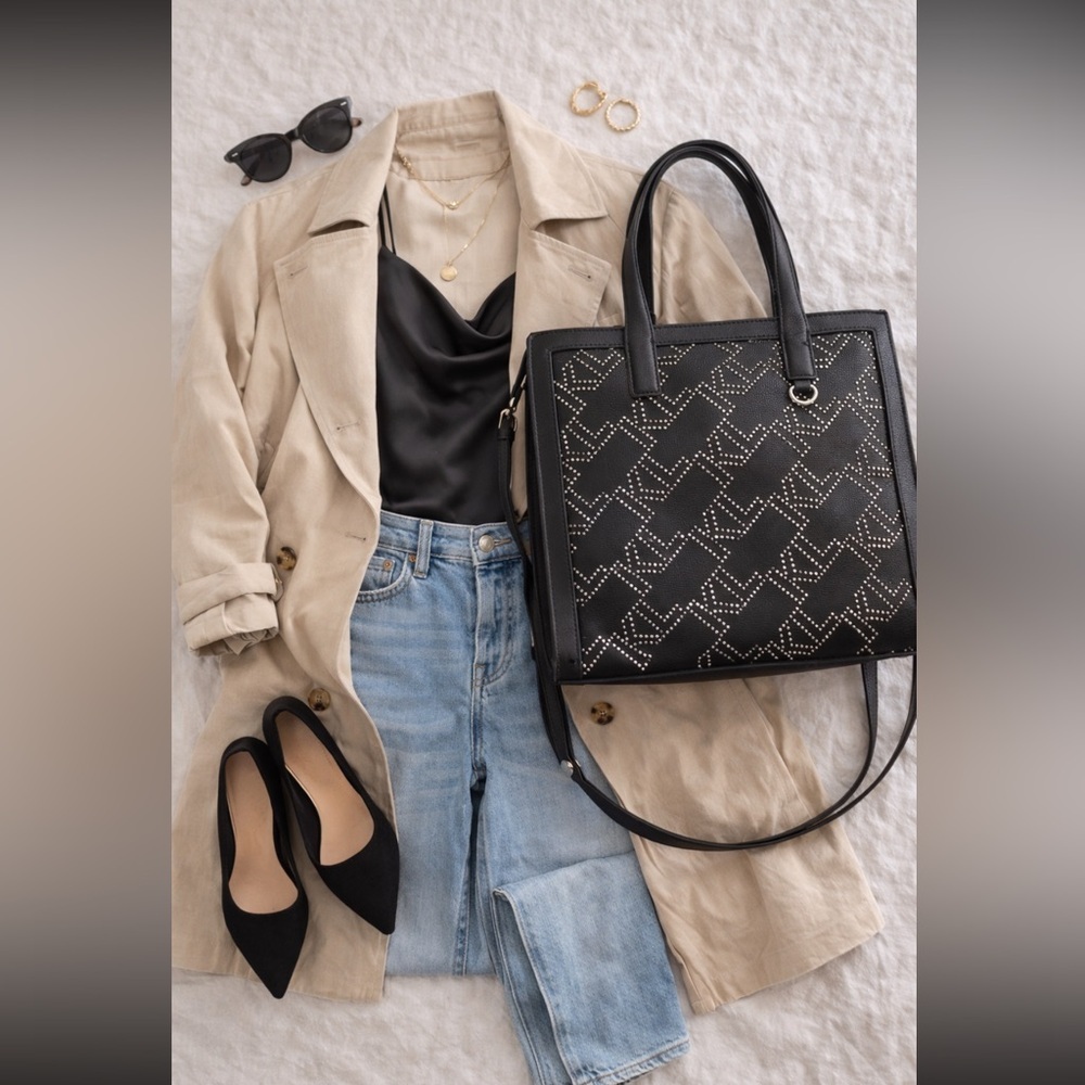 Black Studded Tote Bag with Geometric Stud Pattern